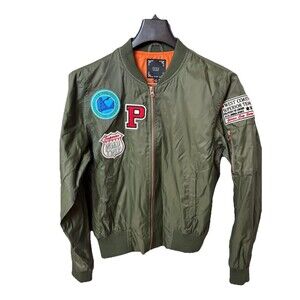 Iris Woman’s Flight Jacket Olive Green Patches Waist Length Zip Pockets